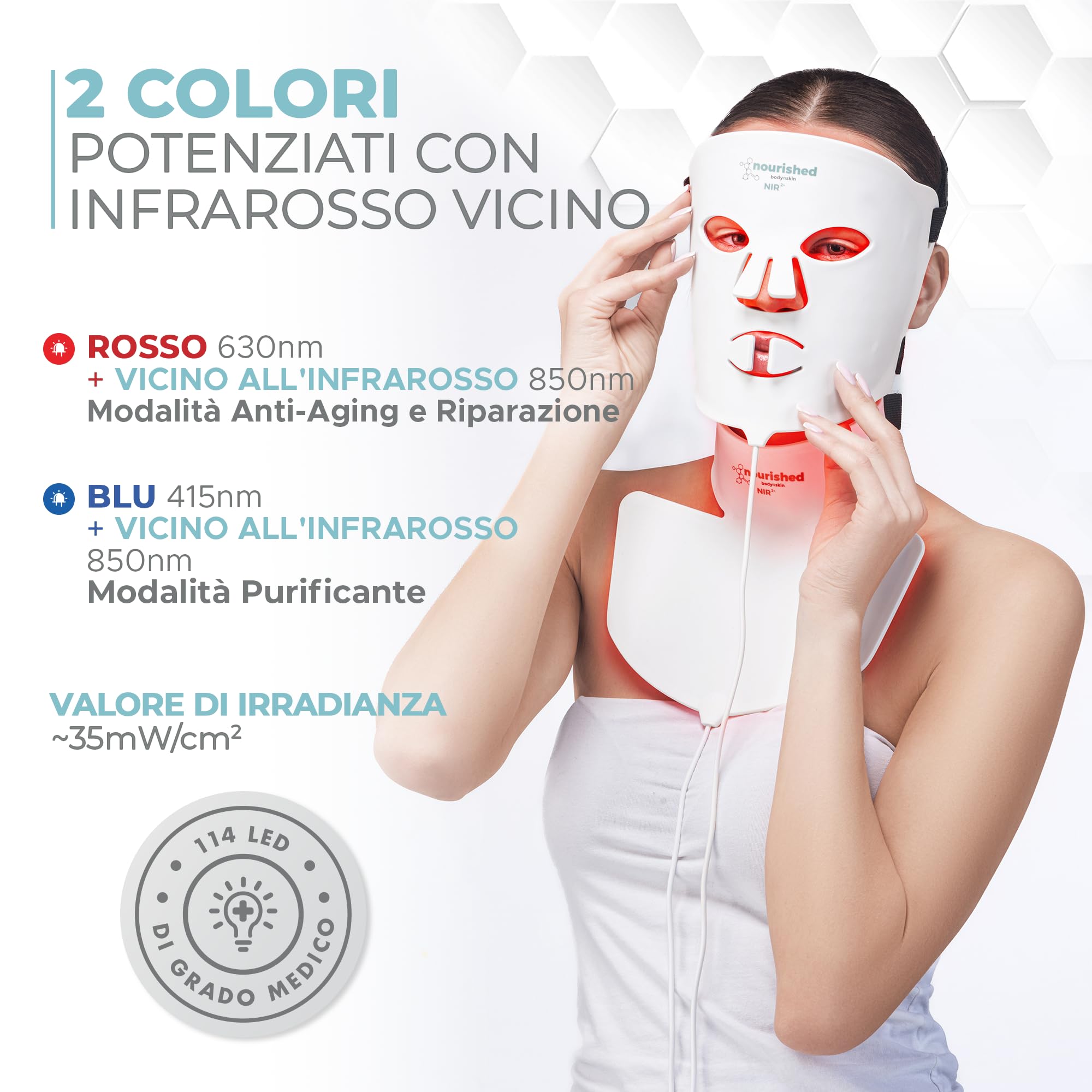 Nourished Bodynskin Maschera LED per Viso e Collo con Infrarossi Vicini - Terapia della Luce Blu, Rossa per il Viso - 228 LED - Strumento per la Cura della Pelle contro le Rughe, Anti-Età