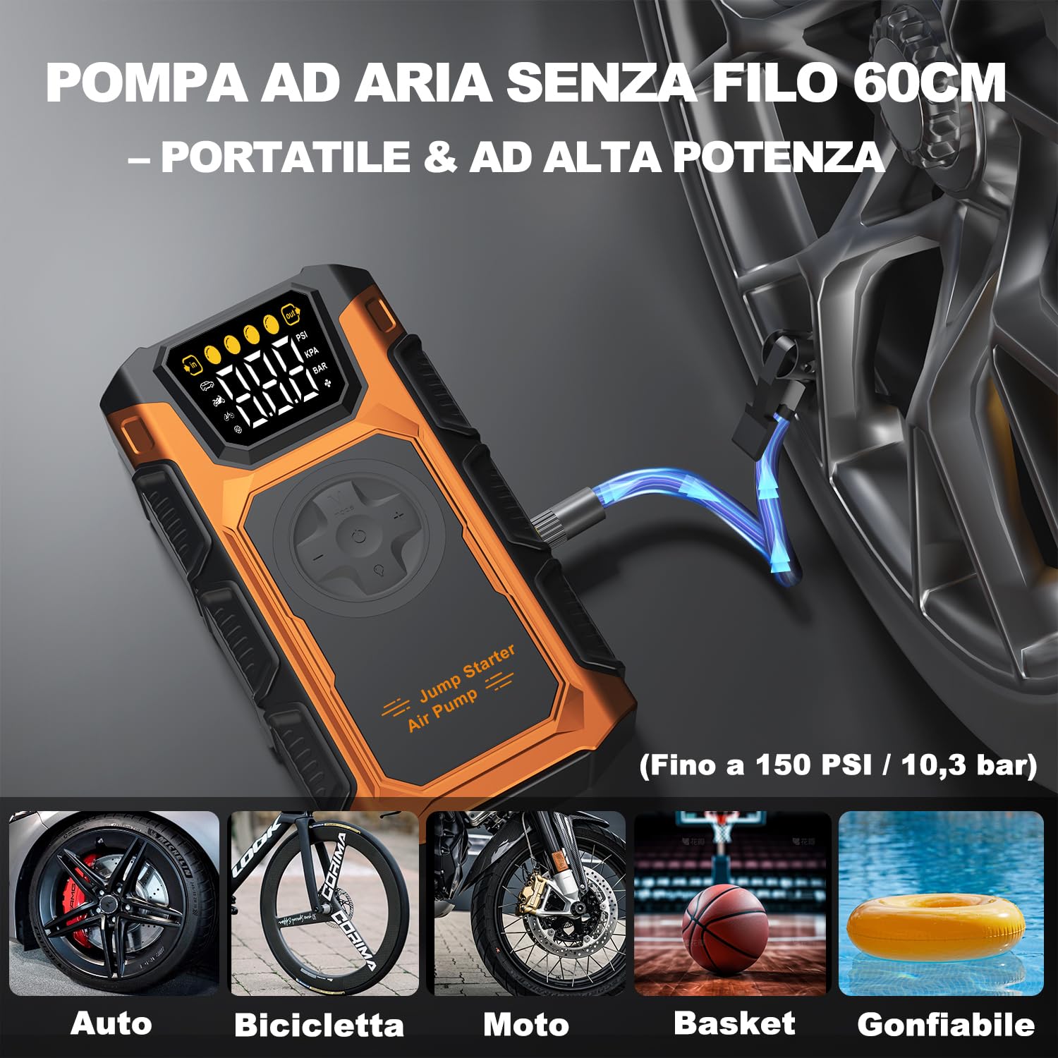 Booster Avviamento Auto con Aria Compressore, 5500A Avviatore Emergenza per Auto(Tutti Gas&10L Diesel), 12 Volt Professionale Starter Batteria Moto Portatile Carica Avviatore Batteria con Torcia, LED