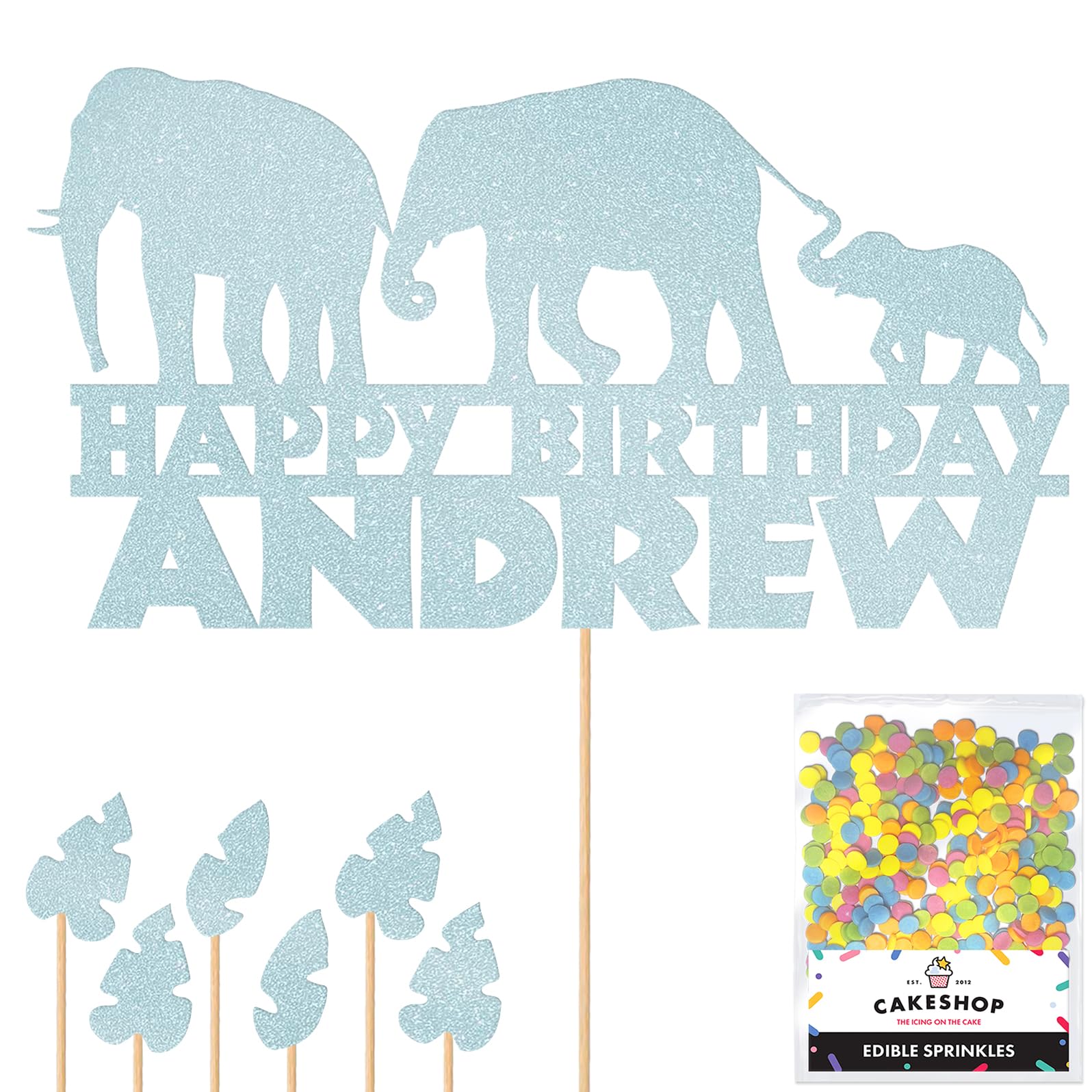 Personalised Jungle Elephant Glitter Cake Topper Lt Blue Any Custom Age & Name Glitter Cake Decoration and Sprinkles - Happy Birthday Decorations - Personalised Toppers for Cakes by Cakeshop