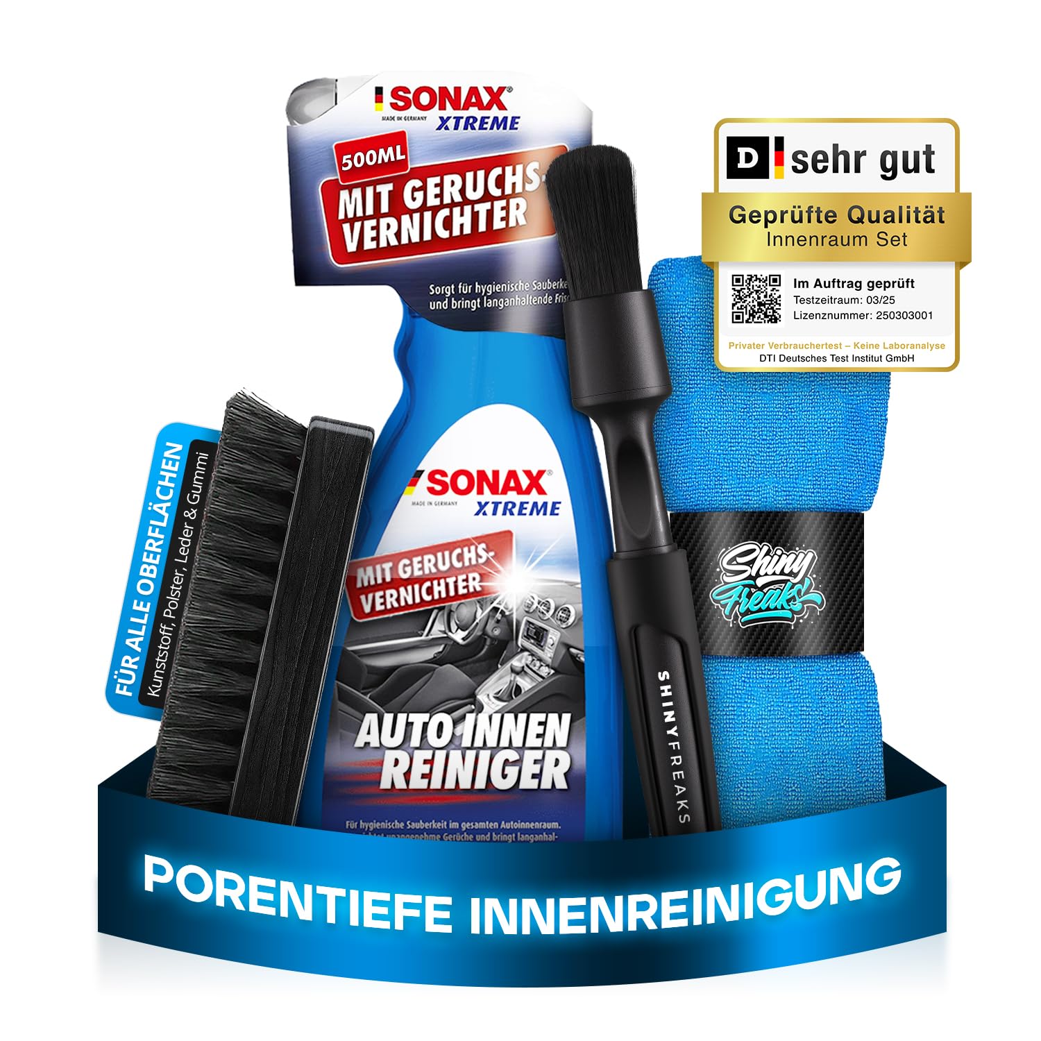 SONAX XTREME (500ml) Innenraumreiniger Auto + Bürste + chemicalworkz Pinsel + Shiny Freaks Mikrofasertuch - Auto Innenraum Reiniger, Kunststoff, Polster, Leder, Cockpitpflege, Auto Reinigungsset