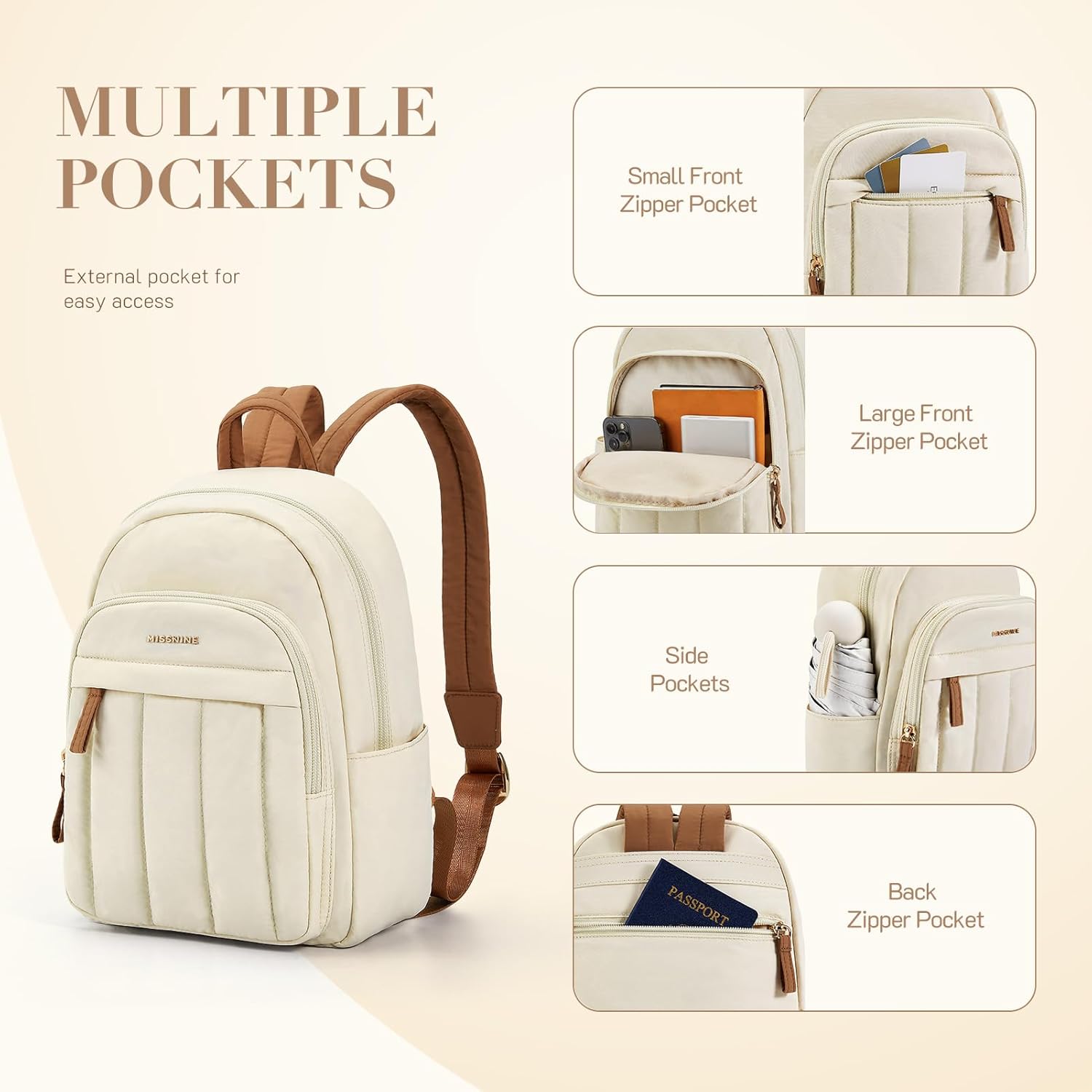 Missnine Mini Small Backpack for Women, 8.6" L×4.3" W×14.4" H, Lightweight Quilted Small Backpack Purses, Puffer Daily Purse Water-resistant Brown+Beige - Image 3