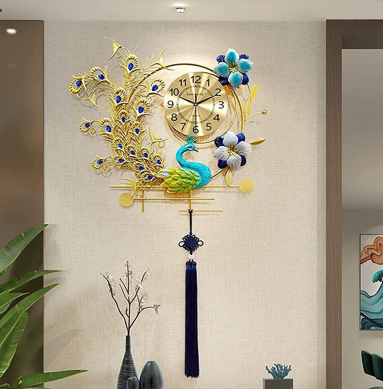 GTHTUHFD Wall Clock Art Large Wall Clock Peacock Wall Clock,Modern Design Luxury Wall Watch Bedroom Living Room Decor Quartz Silent Golden Clocks,For Bedroom Kitchen Halloween School G