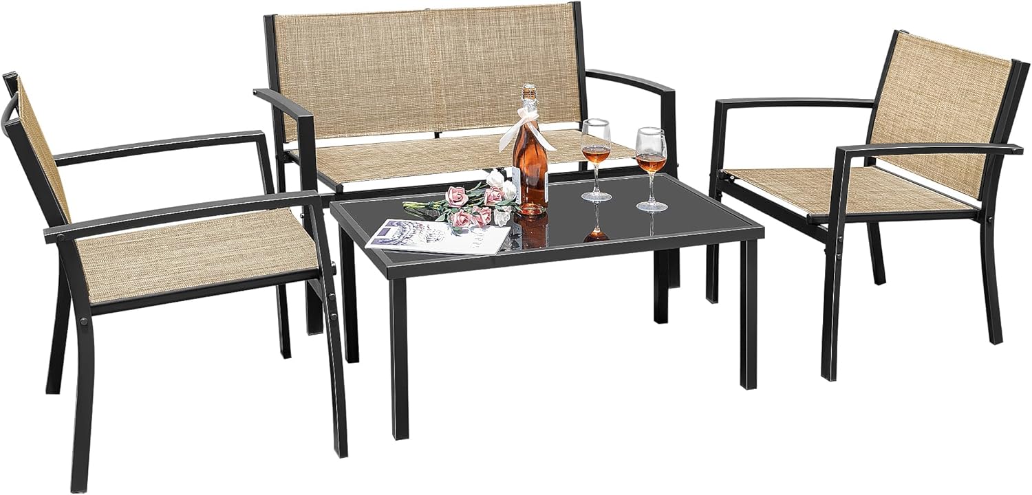 Greesum 4 Pieces Outdoor Furniture Set All Weather Patio Conversation Set with Porch Loveseat, Garden Bistro Chairs with Glass Coffee Table for Garden Backyard Poolside Textile Modern, Gray
