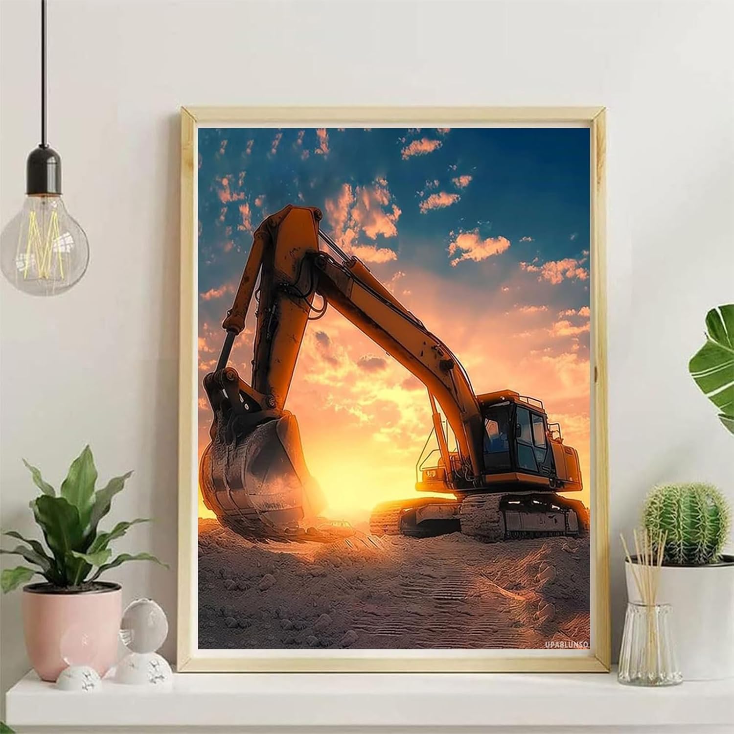 UPABLUNSO Excavator Sunset Vehicle Diamond Art Painting Kits for Adult, 5D Diamond Art for Adults, Round Drill Painting by Diamonds Art and Crafts for Home Wall Decor Gift 12x16in/30x40cm