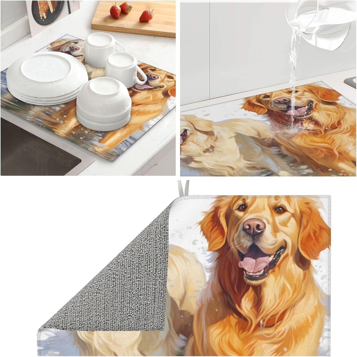Golden Retrievers Splashing Dish Drying Mats for Kitchen Counter, Super Absorbent Microfiber Drainer Pad, Washable Reversible Appliance Protector, Everyday Kitchen Must-Have, 16x18 Inch image 2