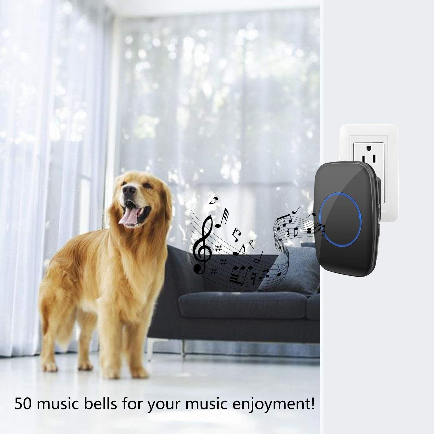 Wireless doorbell, waterproof doorbell kit, working range of 500 feet, volume adjustable, 50 chimes (1to1black)