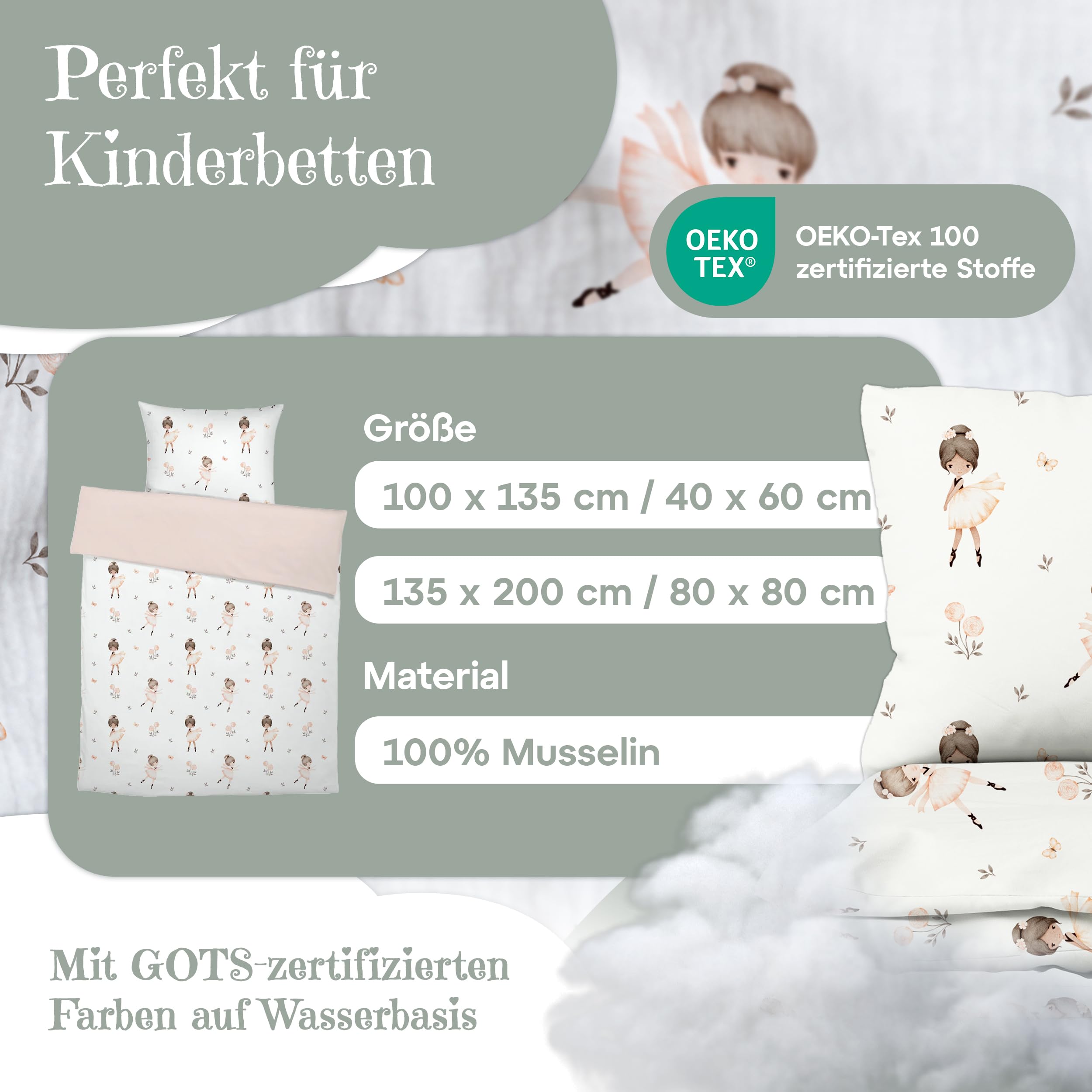 Premium Bettwäsche 135x200 für Kinder (Ballerinas) - Flauschige Musselin aus Baumwolle - Oeko-TEX zertifizierte Premium Kinderstoffe