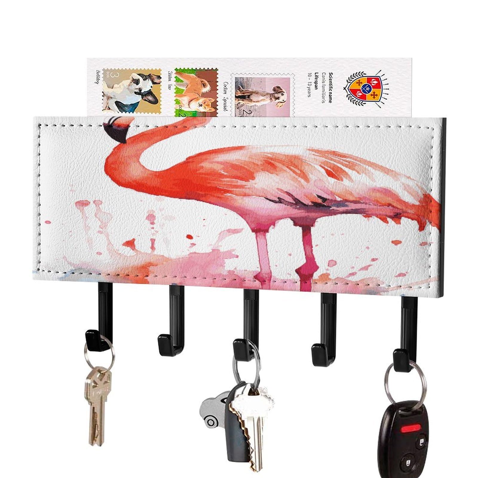 LDGSUPH Watercolor Flamingos Key Holder Wall Mount Key Hanger with 5 Hooks Fashion Key Organizer Rack Hanging Key Hooks with Mail Organizer Key Rack for Home Entryway Hallway Black-Style