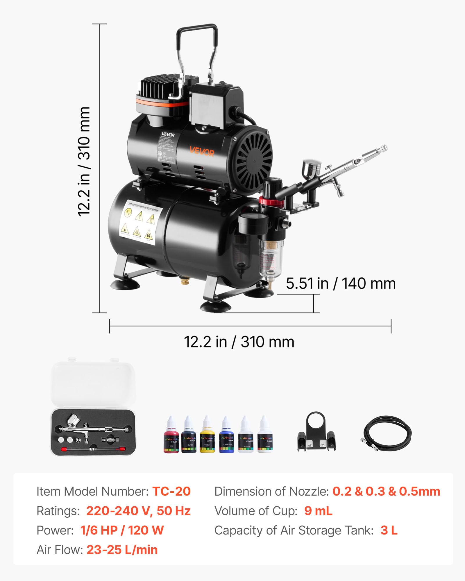 VEVOR Kit de Aerógrafo con Compresor de Aire 1/6 HP Compresor de Aerógrafo de Doble Acción con 3 Boquillas, Manguera, 4 Pinturas Acrílicas, Kit de Pintura para Decoración de Tartas, Maquetas, Uñas