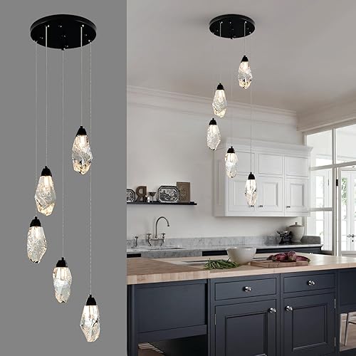 Miniatura 10 de Lámpara colgante de cristal dorado de latón regulable, moderna lámpara de araña de diamantes de 5 luces para isla de cocina, comedor, pasillo y baño