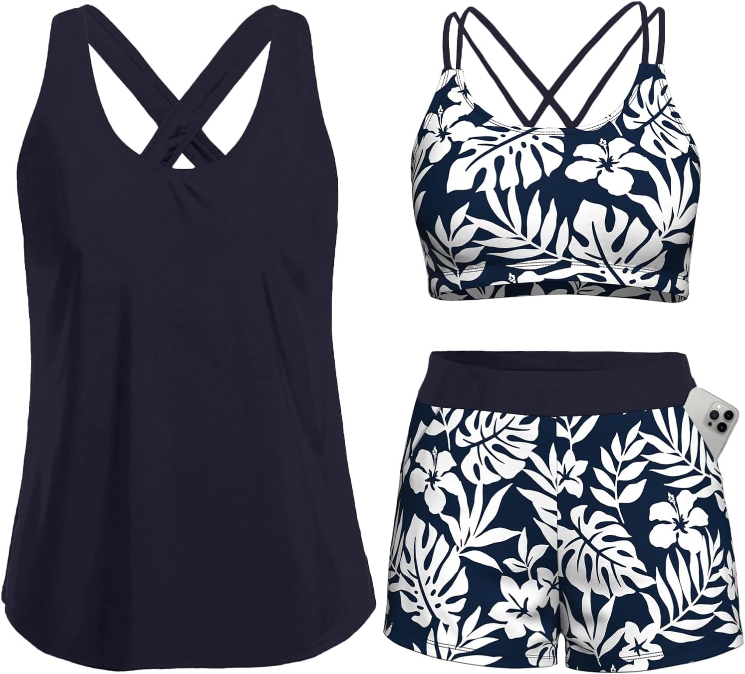 Women's 3 Piece Tankini Swimsuit Tummy Control Bathing Suit with Boy Shorts