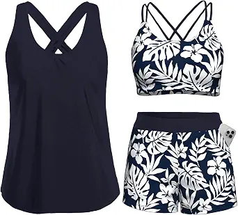 Women's 3 Piece Tankini Swimsuit Tummy Control Bathing Suit with Boy Shorts