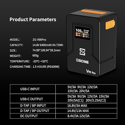 Miniatura 9 de ZGCINE V Mount Battery V99 Pro, PD100W carga rápida, 6400mAh 94.72Wh 14.8V Mini batería de montaje en V, con D TapDual USB CBPPuertos DCPantalla