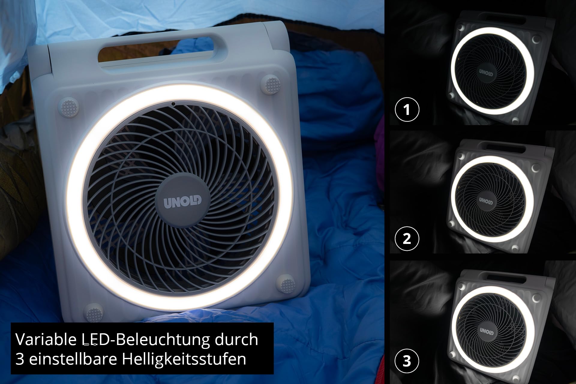 Unold 86516 Standventilator – Solarventilator für Camping | Akku-Solar-Ventilator mit LED-Beleuchtung | 5 Geschwindigkeitsstufen | Bis zu 24h Laufzeit | 5000 mAh Batterie | Grün