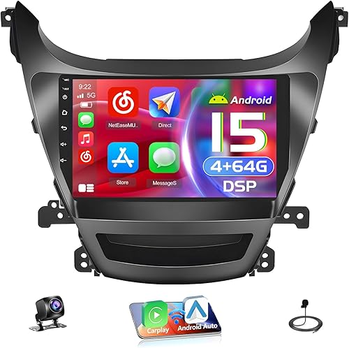 4+64G Android 15 Estéreo de coche para Hyundai Elantra 2014-2016, Hikity 9 pulgadas IPS pantalla táctil Radio inalámbrico Carplay Android Auto