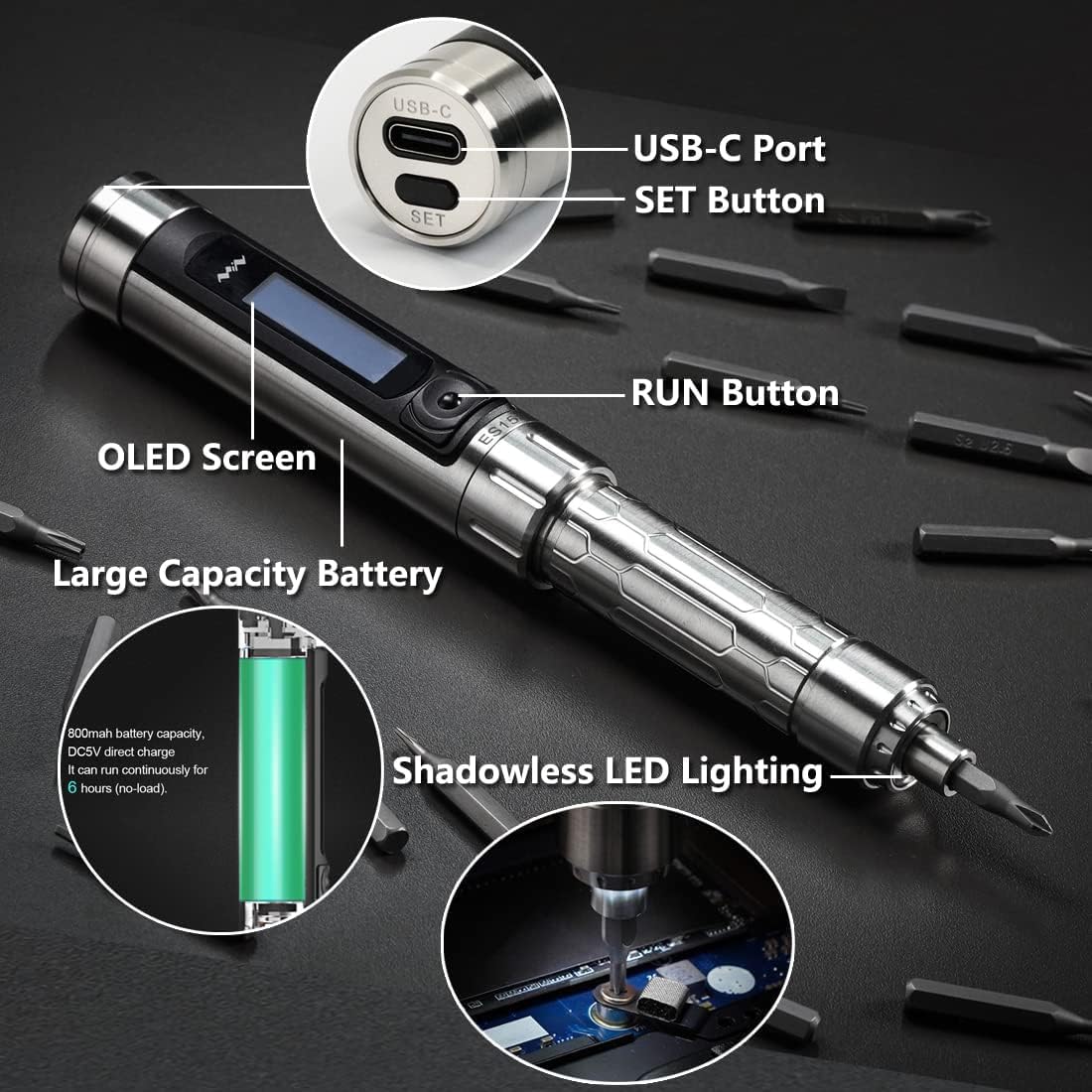 WISTAR ES15S Mini Electric Power Screwdriver Rechargeable Portable Small Cordless Smart Motion Control with 24 Magnetic Bits OLED Screen Repair Tool for Phone Camera Laptop 4