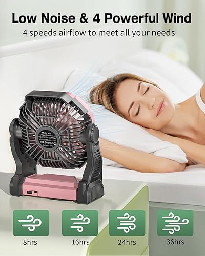 Miniatura 4 de Ventilador de camping recargable, ventilador de campamento inalámbrico con linterna LED, gancho para colgar, rotación de 270, 20000 mAh funciona con