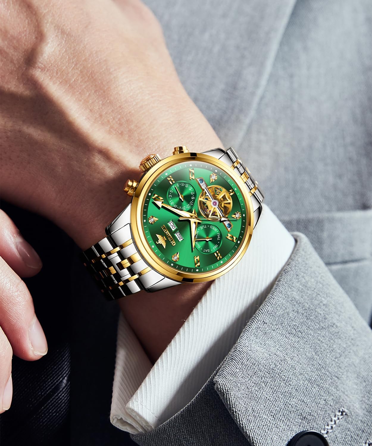 OUPINKE Mens Automatic Watches Diamond Luxury Dress Self Winding Mechanical Waterproof Tungsten Steel Dual Date Wrist Watch 3248:green