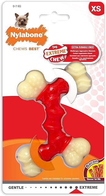 Nylabone Extreme Tough Dog Chew Toy, Double Bend Bone, Cleans Teeth, Bacon Flavour, Extra Small, for Dogs over 7 kg