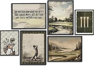 WWN Vintage Golf Canvas Wall Art Set of 6 Man Cave Golfer Picture Wall
