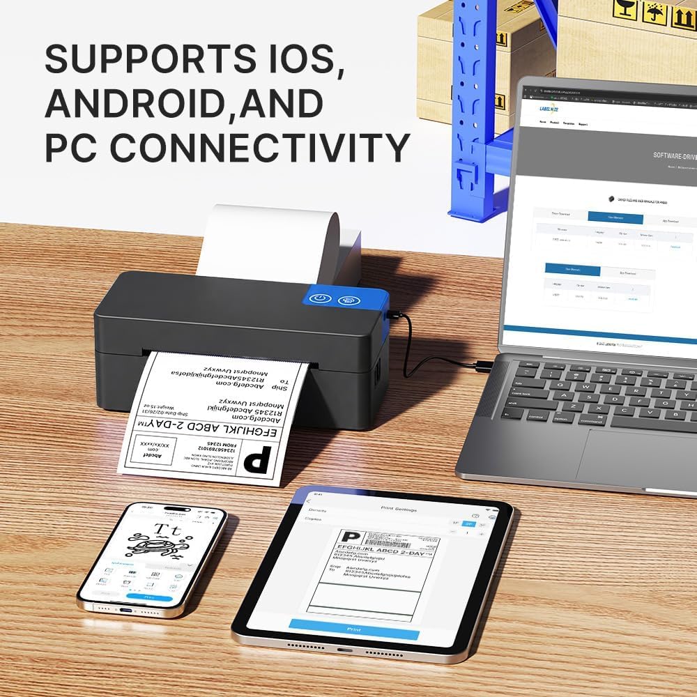 Stampante termica Bluetooth per etichette di spedizione, stampante termica portatile per etichette 4x6 per piccole attività, compatibile con iPhone, Android, Windows e Mac, ampiamente