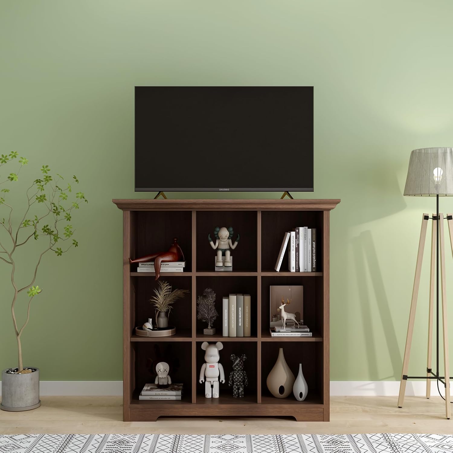 Cube Shelf Bookcase with Base - Wooden 3 Tiers Floor Standing Low Storage Cabinet for Home and Office, 9-Cube Lattice Bookshelf, Walnut - Image 6