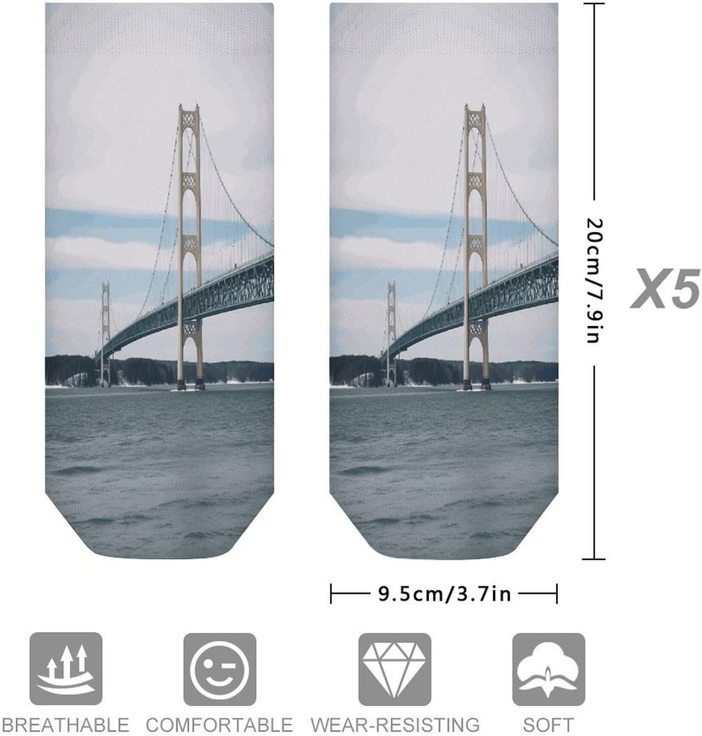 Mackinac Suspension Bridge Ankle Socks for Men Women 5 Pairs | Comfortable Casual Low Cut Socks, Lightweight No Show Breathable Athletic Socks, Soft Mini Crew Socks for All Seasons
