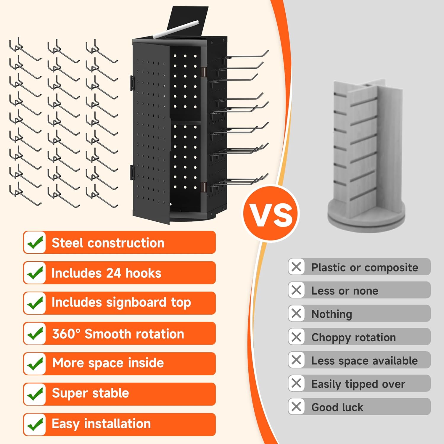 Alyoen Rotating Pegboard Display Stand With 24 Hooks - Metal Spinning Peg Board Organizer Accessories with Magnetic Door Design, Magnet Display Stand for Keychain, Jewelry, Earring