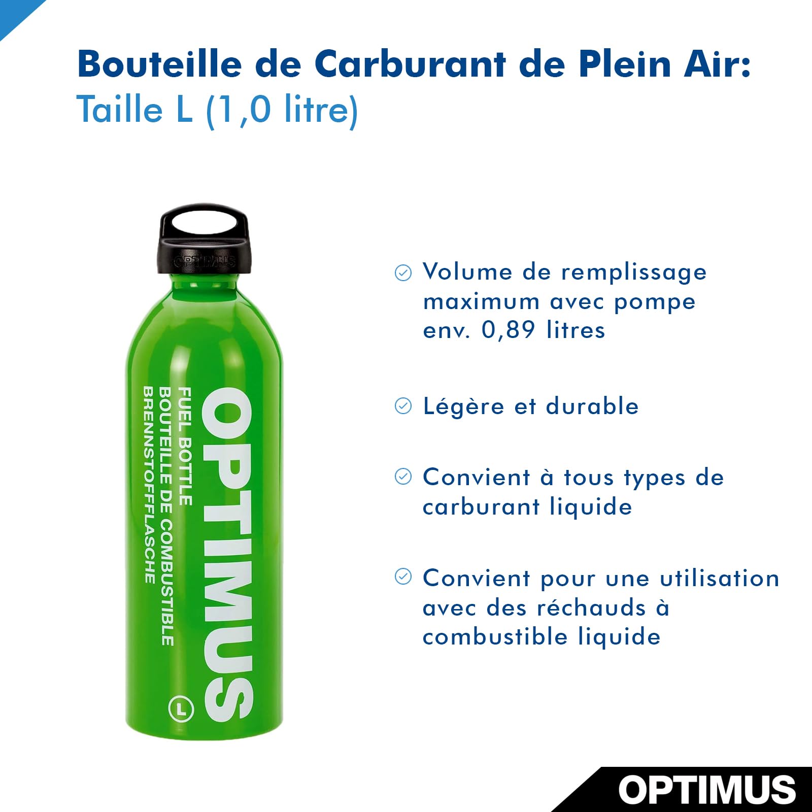 Bouteille de carburant Optimus 1,0L (L) – Flacon robuste, résistant à la pression, avec bouchon sécurisé pour enfants, idéal pour les carburants liquides – Parfait pour les longues aventures
