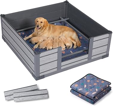 38 x 38 x 14 Pet Whelping Box Kit with Built-in Floor and Reusable Potty Pad, Puppy Playpen for Small to Medium Breeds, Non-Toxic PP Material for Newborn Safety