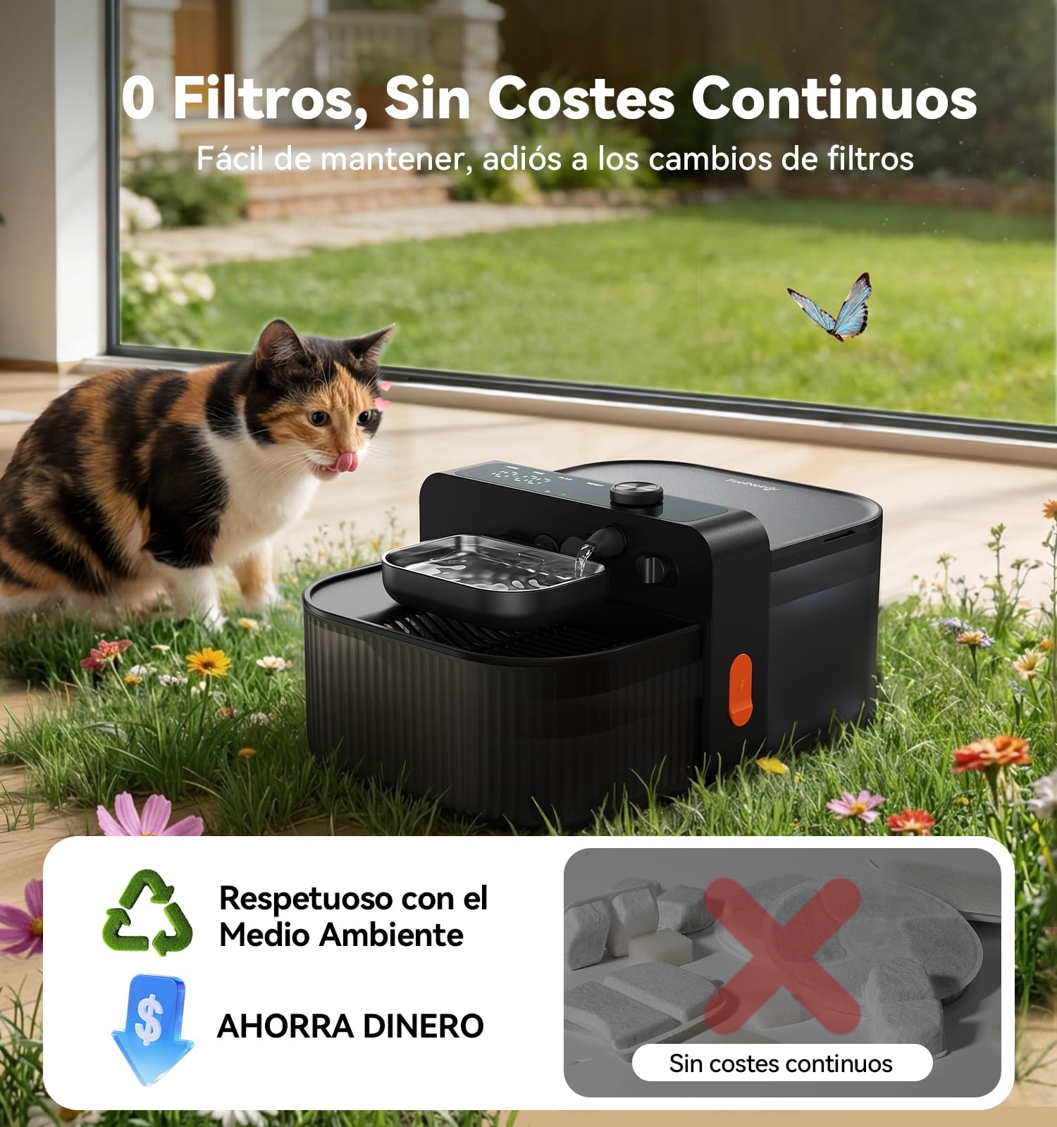 FEELNEEDY 3,5L Fuente para Gatos sin Cable y sin Filtro con Batería 3000mAh, Sin Mantenimiento Costoso, Bebedero Gatos Inalámbrico con Separación del Agua Limpia y del Agua Usada