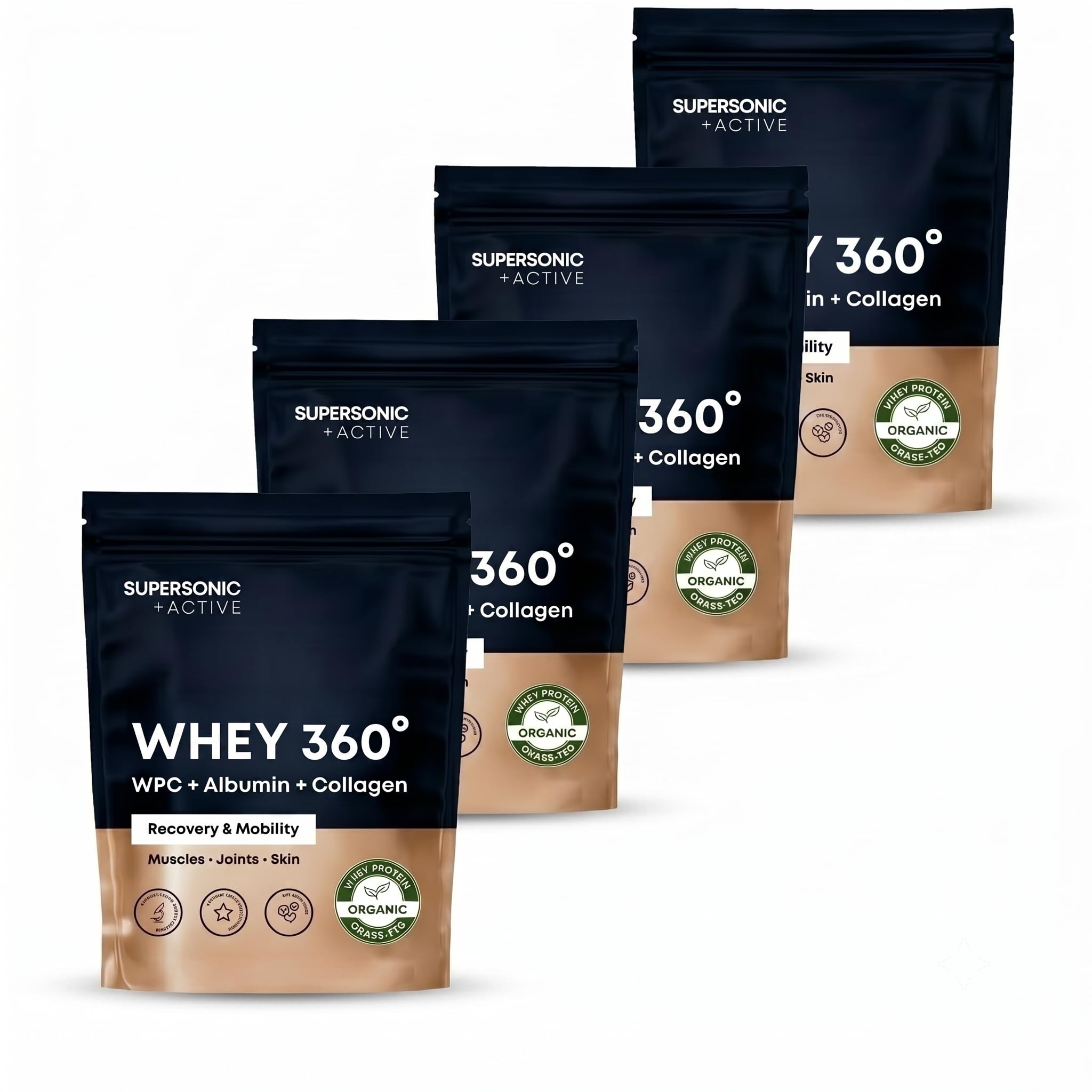 SUPERSONIC WHEY360 Probierpaket 4 × 500 g – Mehrkomponenten-Protein mit Peptan Kollagen, WPC und Eialbumin, 20 g Protein pro Portion, Stevia ohne Sucralose, ohne Zuckerzusatz (2× Himbeere + 2× Vanille