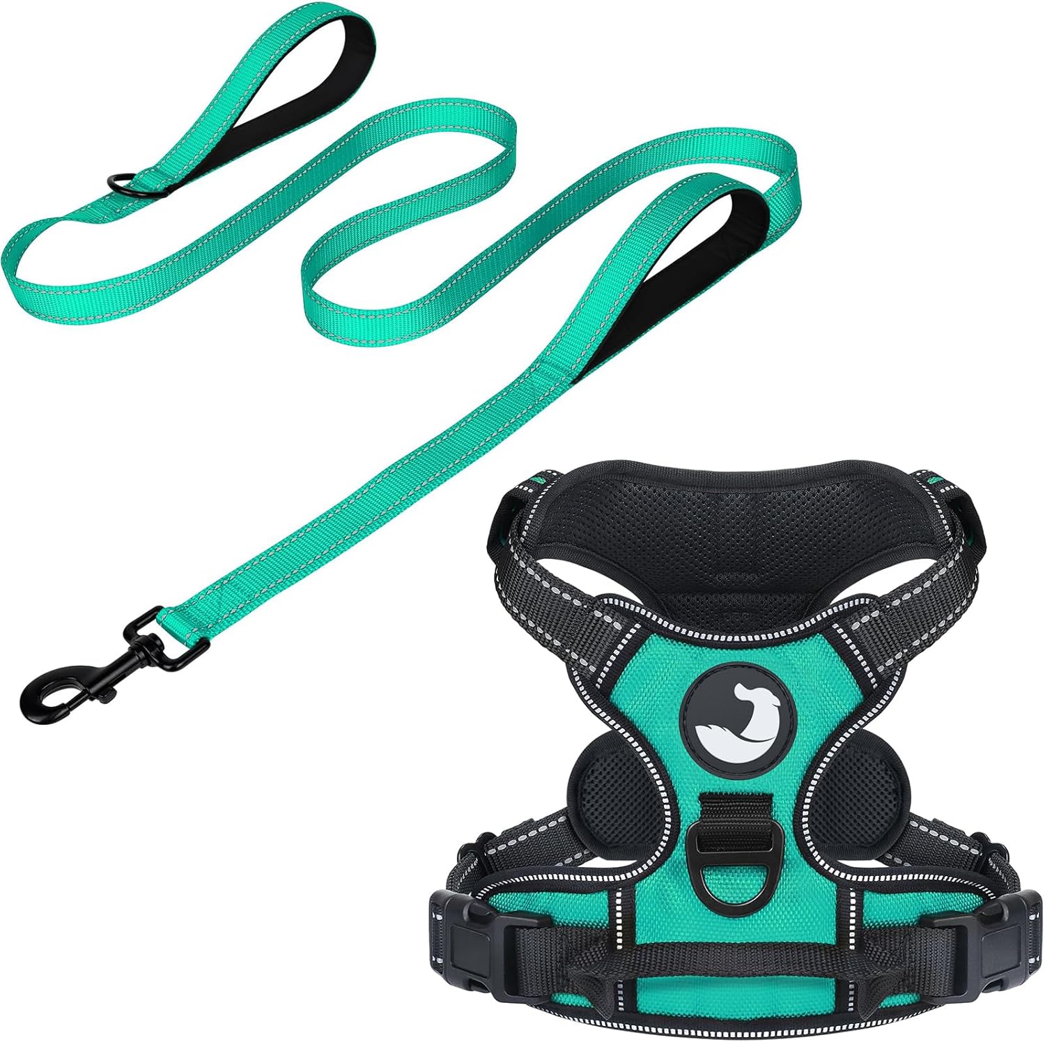 5FT Double Handle Dog Leash for Training and Dog Harness (Chest: 17-34"), Reflective Leashes for Medium Dogs and Adjustable Soft No Pull Harness (Teal,L)