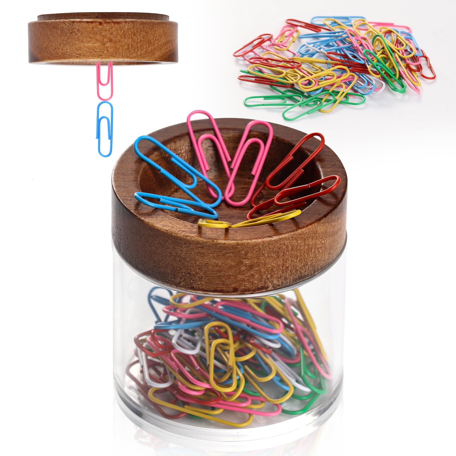 1 distributeur de trombones magnétique 6,5 x 2 cm en bois avec 70 trombones Boîte de rangement magnétique Distributeur de pinces de bureau avec boîte de rangement en acrylique pour fournitures de