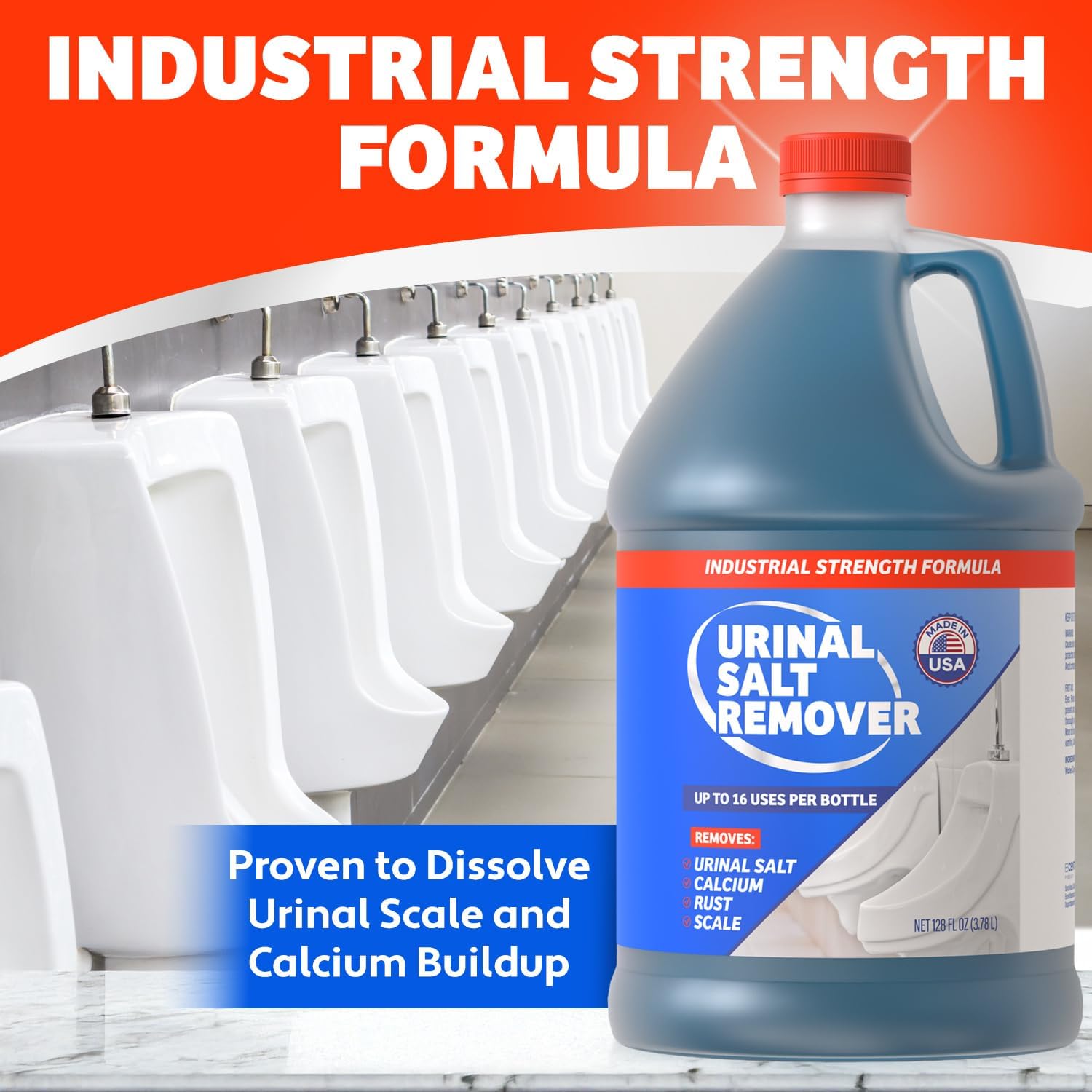 Urinal Salt Remover — Heavy Duty Drain Cleaner, Descaler & Toilet Cleaner | 16 Uses, Removes Salt, Calcium, Rust & Scale — Odor-Neutralizing Commercial Strength Formula, Safe for All Plumbing, 1 Gallon