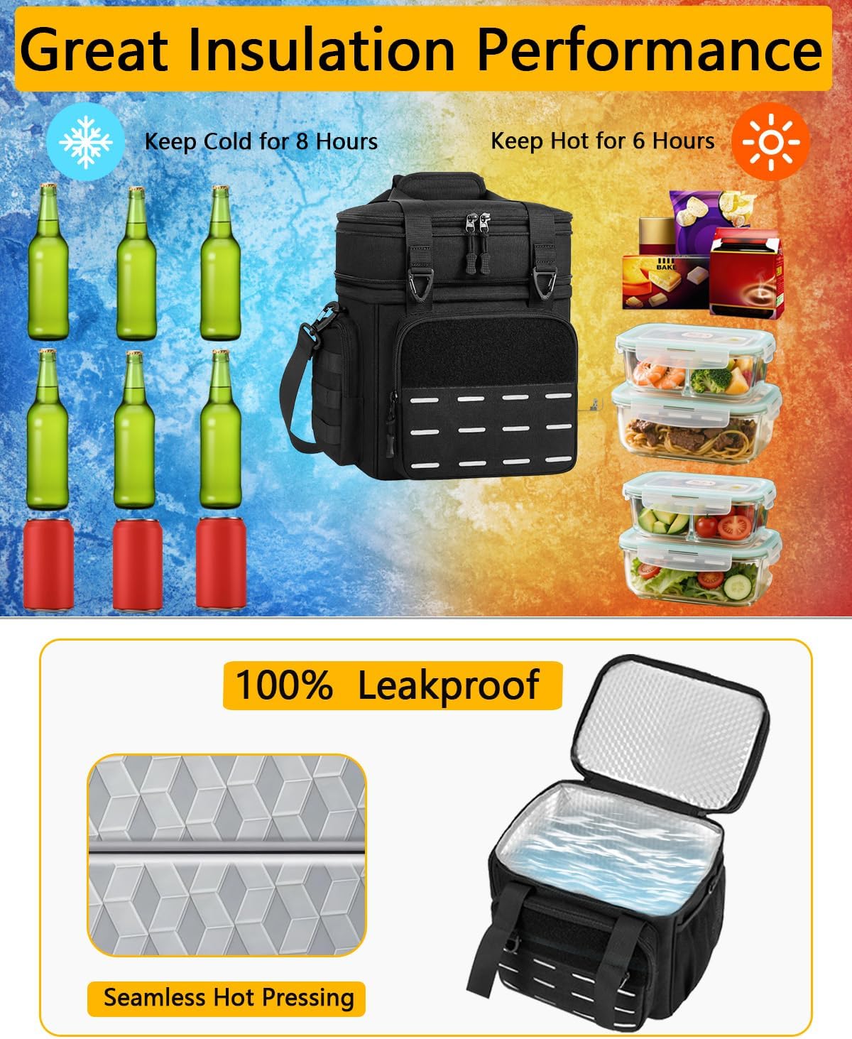 Tactical Lunch Box Cooler Bag - Insulated Lunchbox for Men Women - Expandable Insulated Large Lunch Box, Double Deck Heavy Duty Durable Lunchbox for Adults Work Shifts Outdoor Trips Beach Black 15L