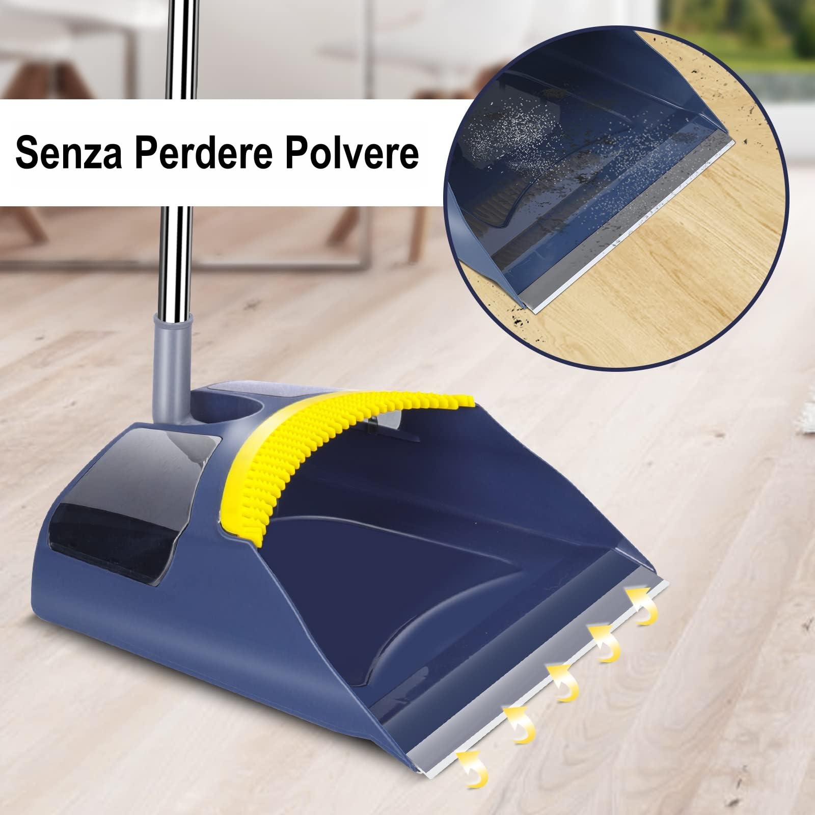 MASTERTOP Set Scopa e Paletta Salvaspazio, Paletta Verticale con Scopa Inox a Manico Lungo, Spazzola Interni e Paletta con Denti a Pettine per Pulizia di Casa, Cucina, Ufficio (Blu Scuro)