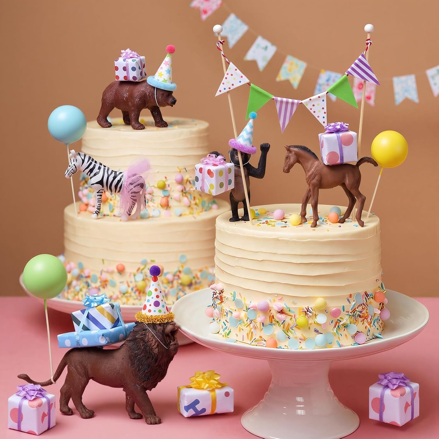 Weysat 22 Pcs Animal Birthday Party Decorations Animal Cake Cupcake Toppers with Mini Hat Gift Box Cake Flag Skirt Lollipop for Jungle Safari Dollhouse Themed Birthday Party Favor Supplies, No Animals
