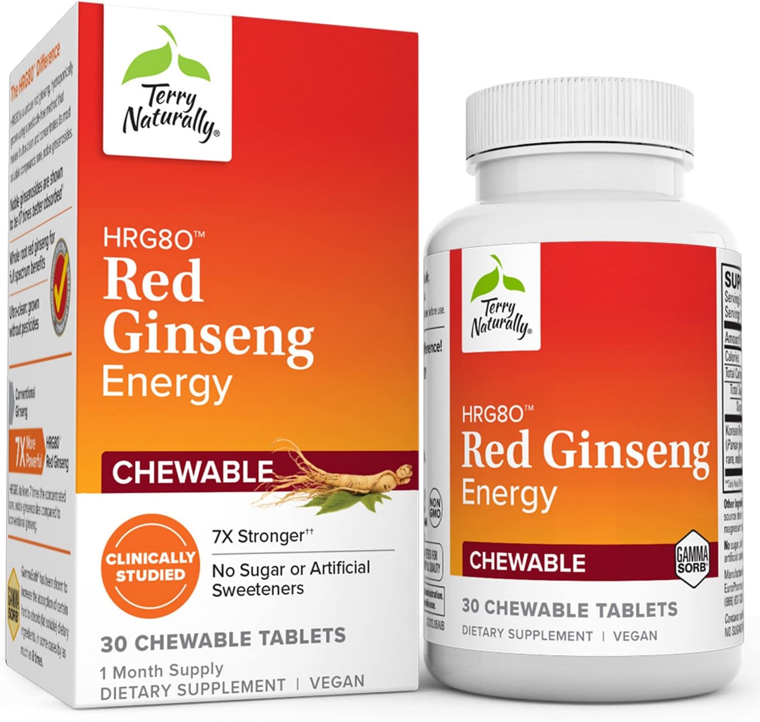 Terry Naturally HRG80 Red Ginseng Energy - 30 Chewable Tablets - Red Ginseng Root Powder, Panax Ginseng, HRG80 - Non-GMO, Vegan, Gluten Free - 30 Servings