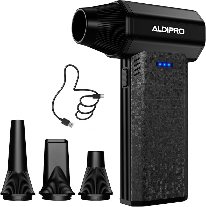 Plumero de aire comprimido sin escobillas de 110000 RPM para limpieza profunda del teclado de PC | Plumero de aire con 4 boquillas personalizadas para todos los dispositivos electrónicos, interiores de automóviles y cualquier grieta estrecha, aerosol de aire enlatado reutilizable