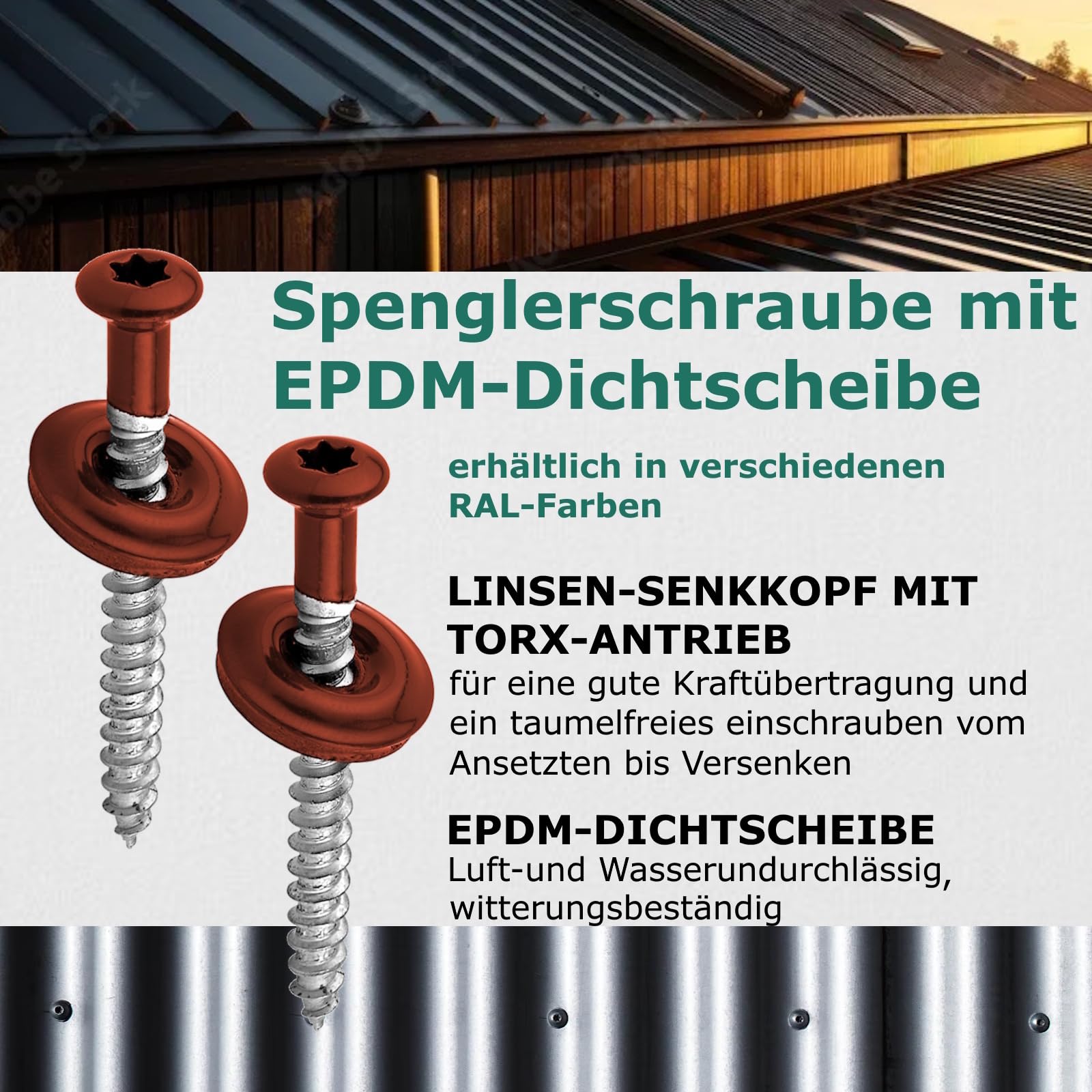 DSM Tornillos de fontanería rojo óxido 4,5 x 45 mm, acero inoxidable A2, lacado RAL 3009, con arandela de sellado EPDM (15 mm), accionamiento TX, similar a DIN 7995/DIN 9171, 100 unidades