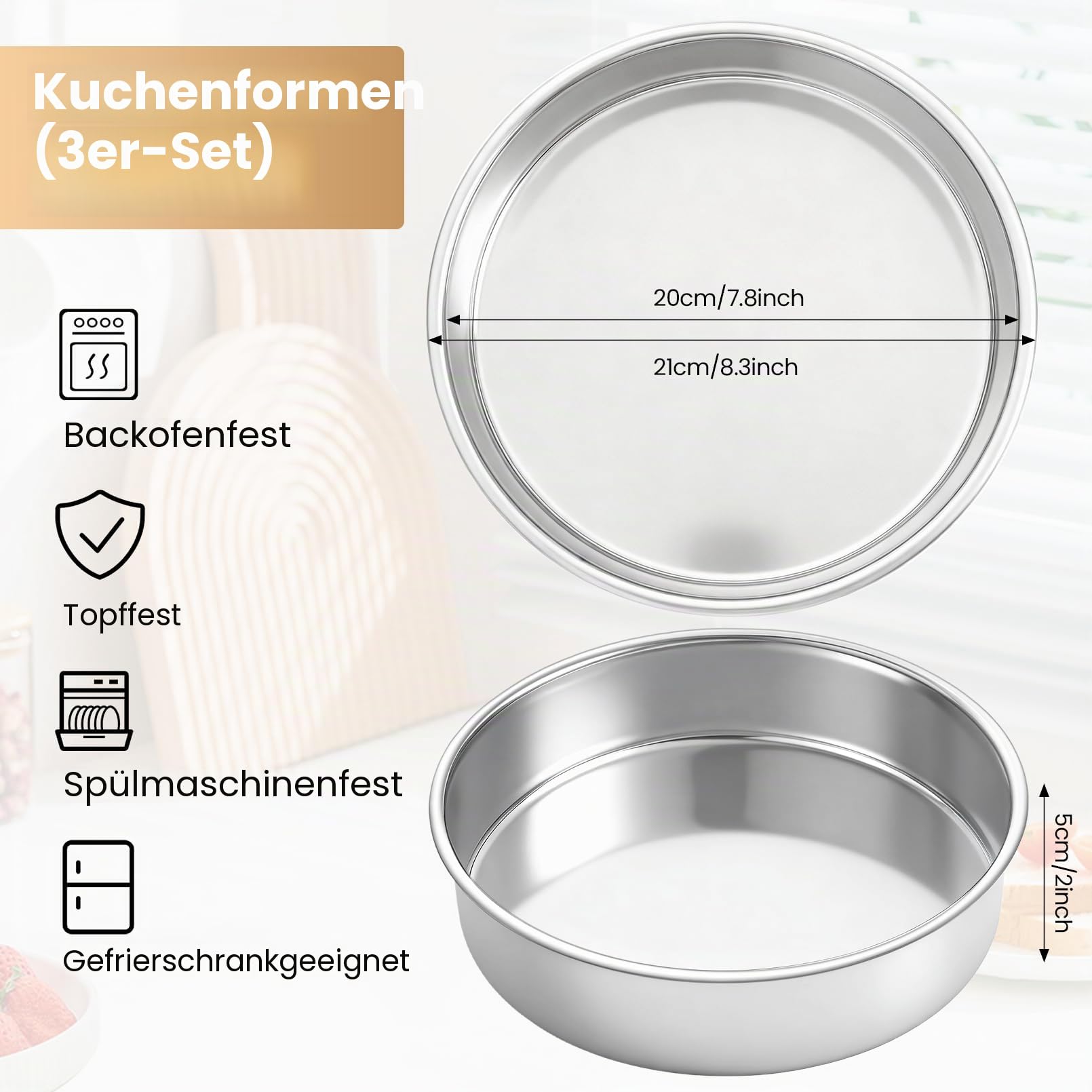 3 Stück Backform Rund, Edelstahl Rund Kuchenform, 20 Cm | Runde Kuchenbackformen for Kuchen, Brownie, Lasagne, Weihnachten, Leicht Zu Reinigen Und Spülmaschinenfest