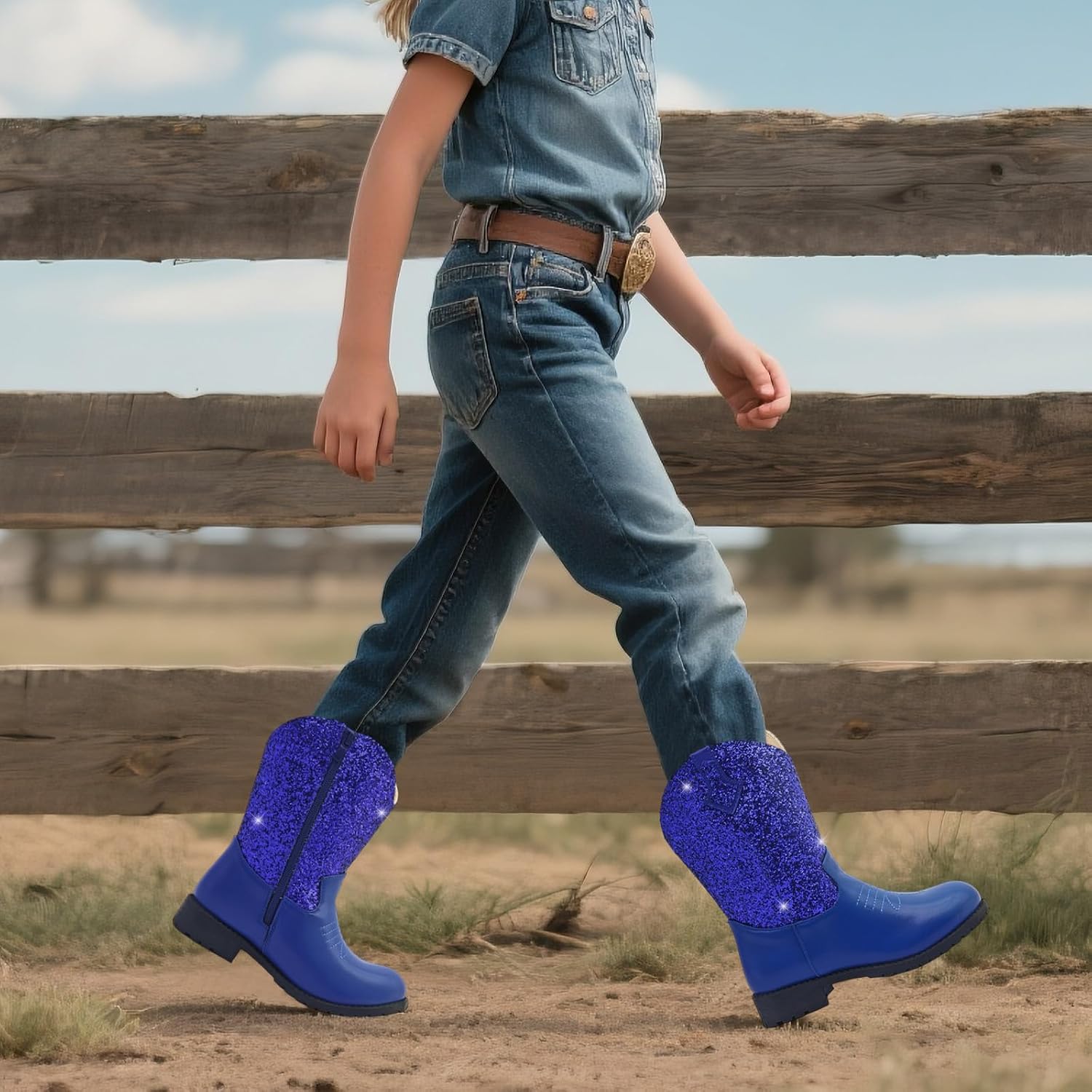 Sparkly Girls Cowgirl Boots Glitter Cowboy Dress Boots for Little To Big Kid Mid Calf Round Toe Birthday Horse Riding
