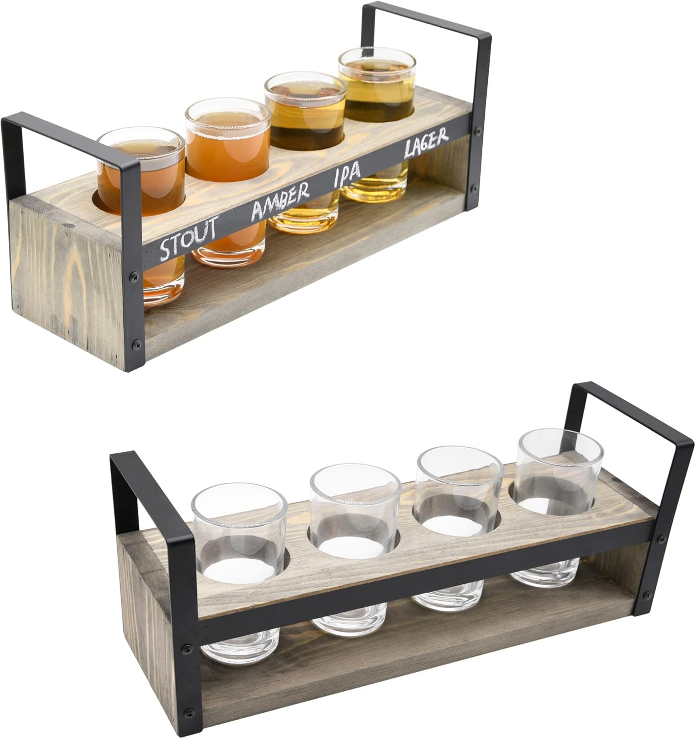 Owlgift Beer Flight Glasses and Board Set Included Vintage Gray Serving Tray with Black Metal Handles and Chalkboard Panel and 4 Tasting Beer Glasses, Set of 2