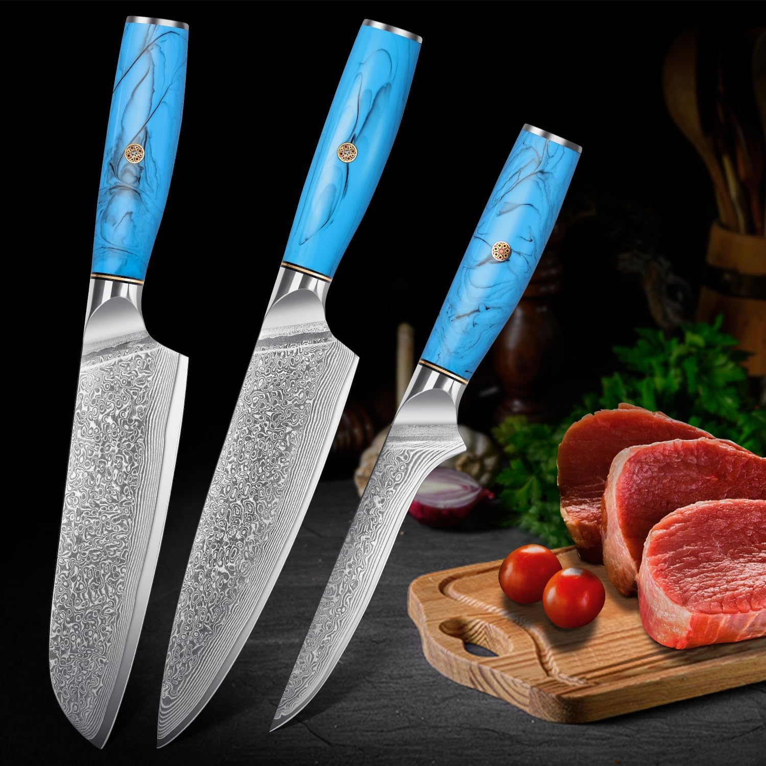 Home Safety Damascus Chef Boning Knives 3 Piece Kitchen Knife Set VG-10 Damascus Steel Professional Chef's Knife – Razor Sharp Cleaver Set with Ergonomic Natural Resin Handle Cooking Knife