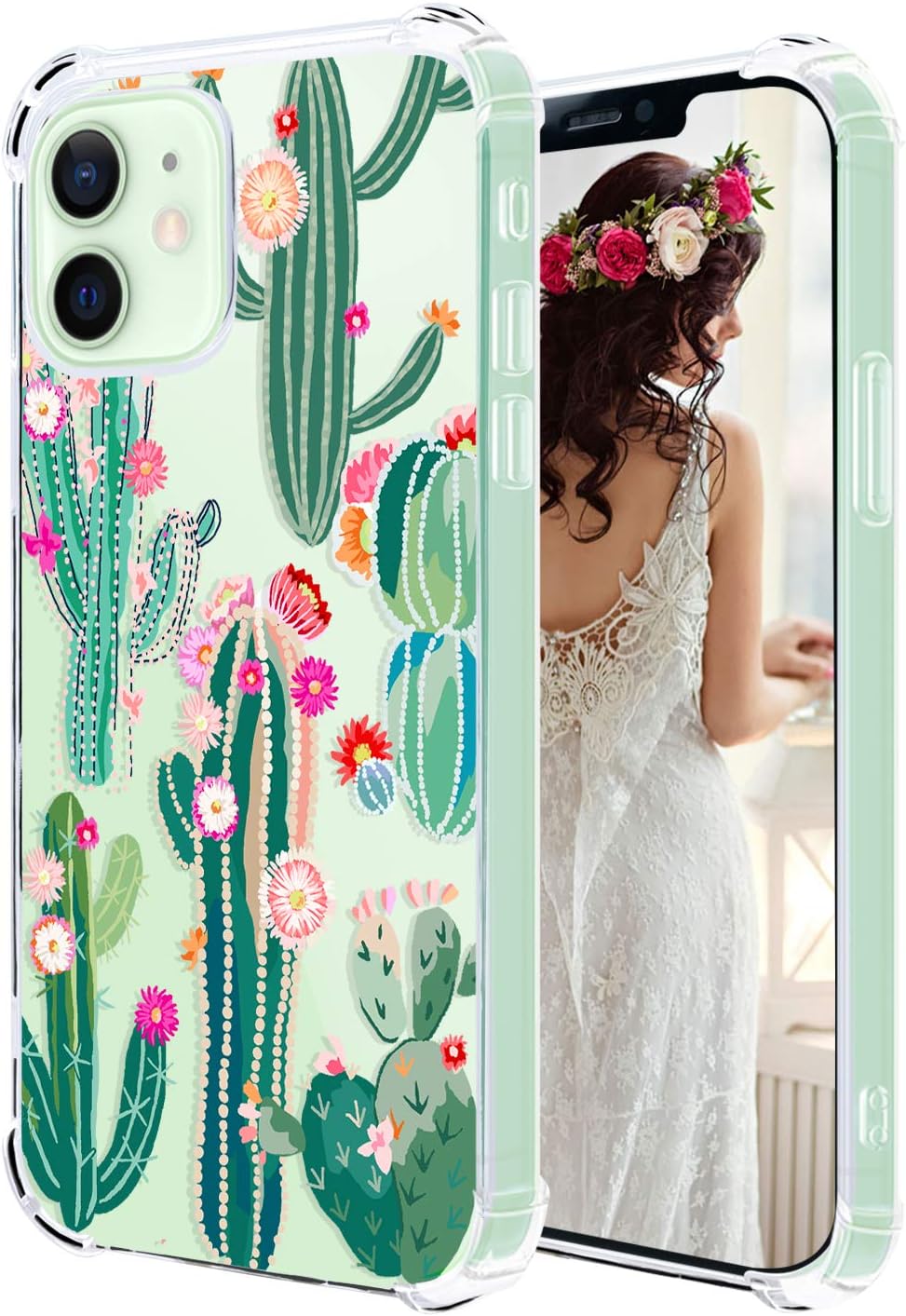 hepix Compatible with iPhone 12 Case Cactus Succulent iPhone 12 Phone Case Cacti Flower for Women, iPhone 12 Pro Case Cactus Green Plant TPU Protective Shockproof Clear Cover for iPhone 12 6.1 Inch