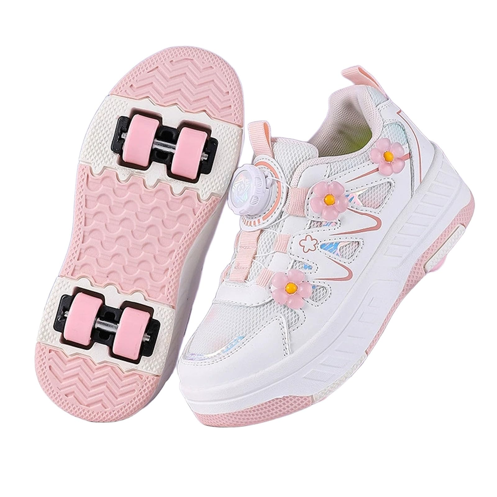 Surwin Floral Style Roller Skates,Roller Skates for Girls Boys, 2 in 1 Kids Rollerskates,Detachable Student Teenagers Retractable Roller Shoes,Shoes with Wheels, Outdoor Walking Sports (Pink,1)