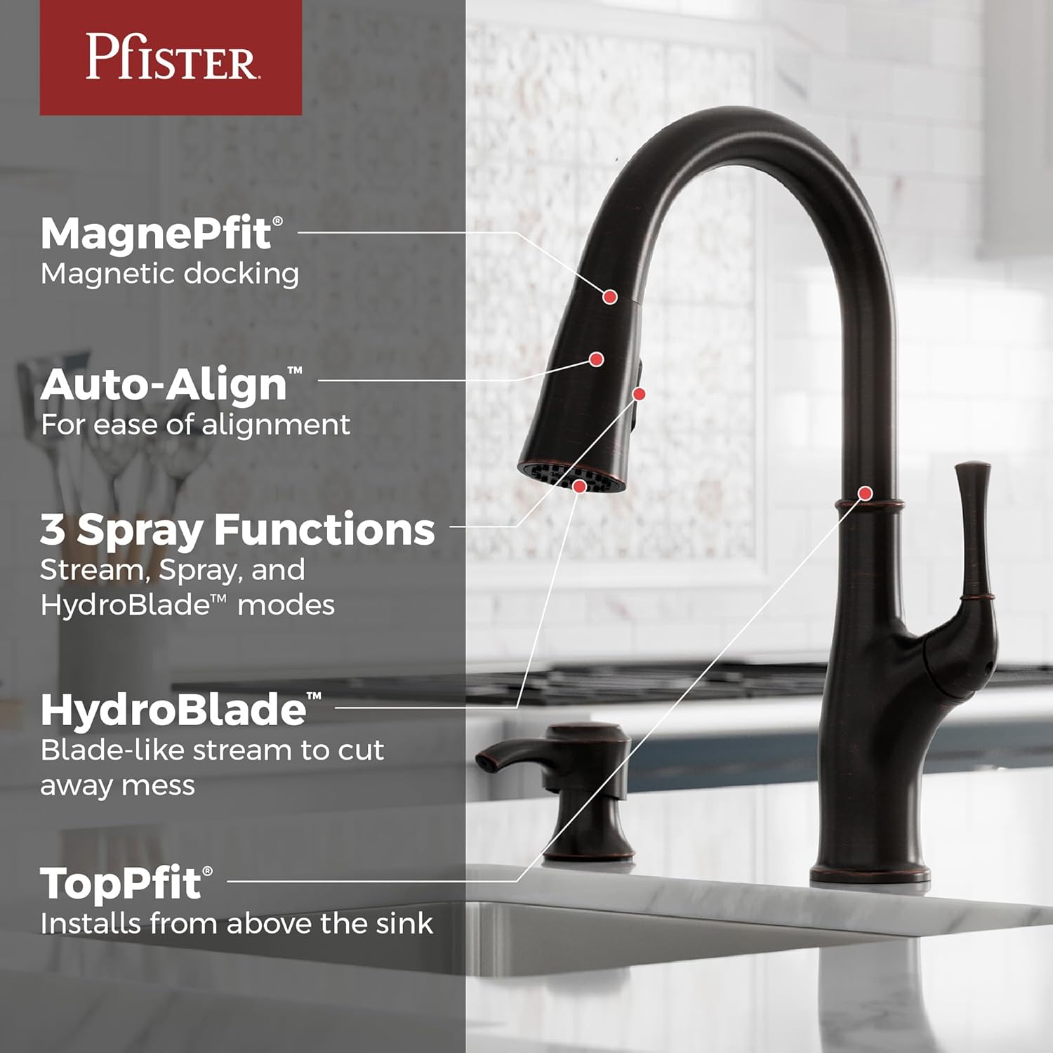 Pfister Alderwood Kitchen Faucet with Pull Down Sprayer and Soap Dispenser, Single Handle, NSF Certified, Tuscan Bronze Finish, F5297AWY
