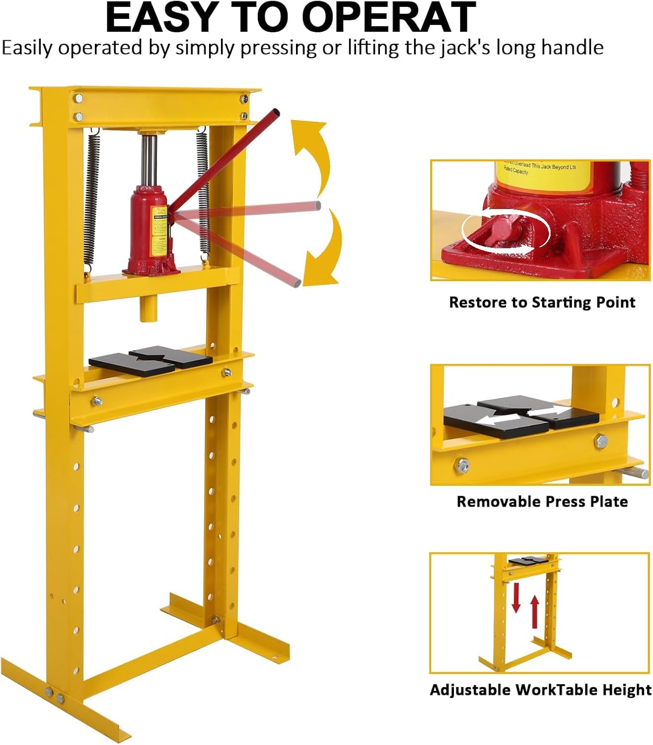 12-Ton Yellow H-Frame Hydraulic Press, 4 Height Adjustable Plate Garage Floor Shop Benchtop, 2600 Pounds Heavy-Duty Bearing Presses for Gears, Bearings Bending, Removal, Straighten