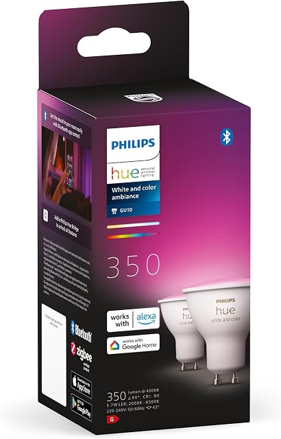 Philips Hue White and color ambiance Zestaw, 2x Inteligentny reflektor punktowy LED E27 5,7W GU10, 16 mln kolorów, sterowanie aplikacją, 929001953112, 2-Pak